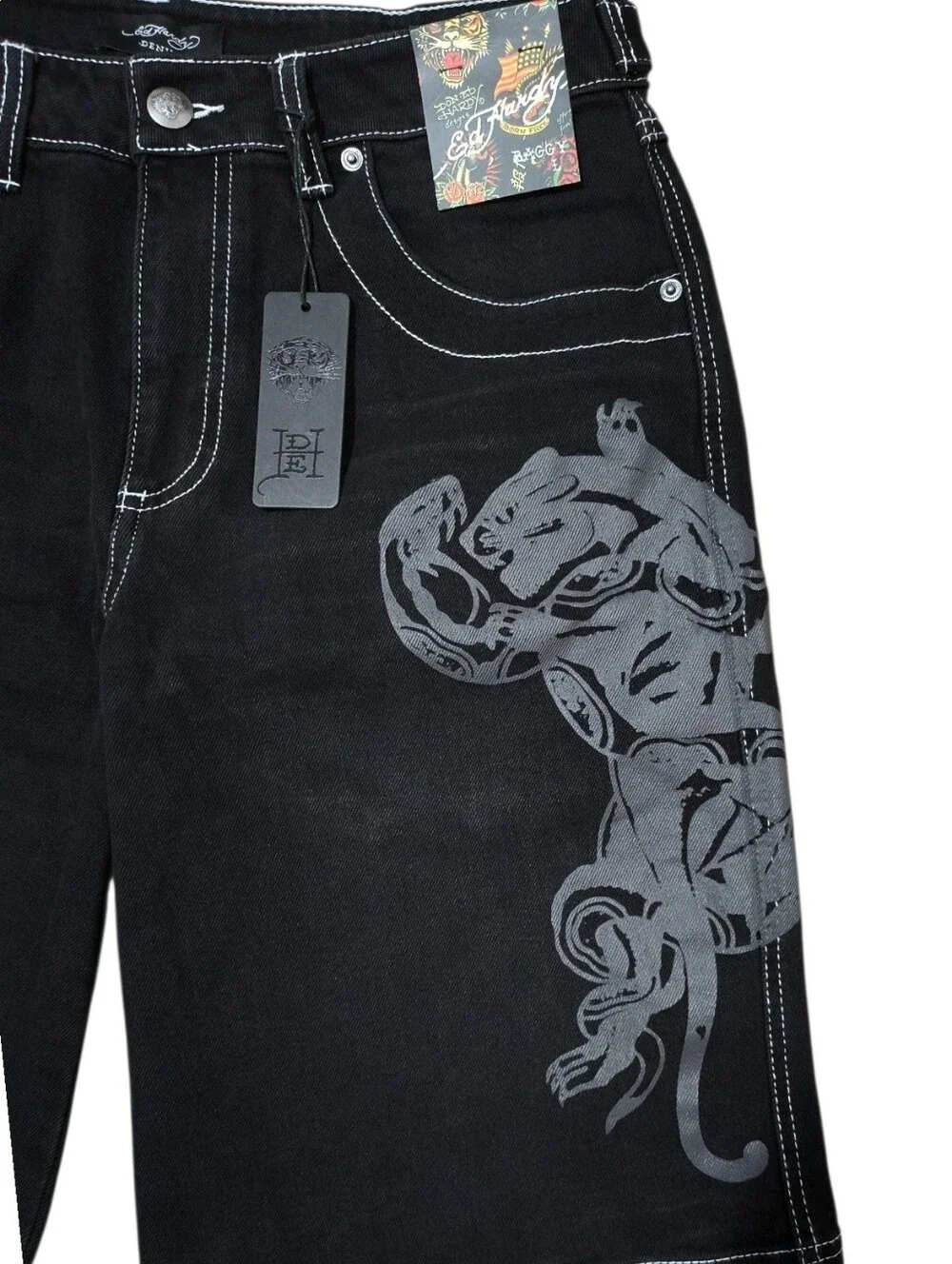 Vintage ED HARDY BLACK PANTHER SHORTS WOMENS MEDIUM NWT Bermuda Baggy Denim NWT